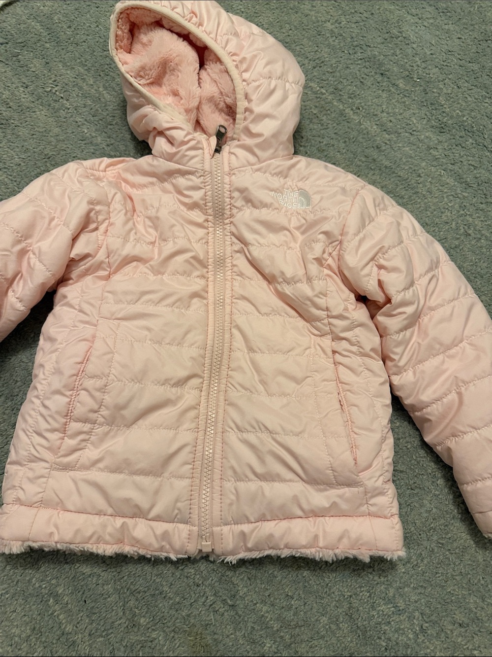 The North Face Girls' Light Pink Hooded Reversible fleece   Puffer Jacket